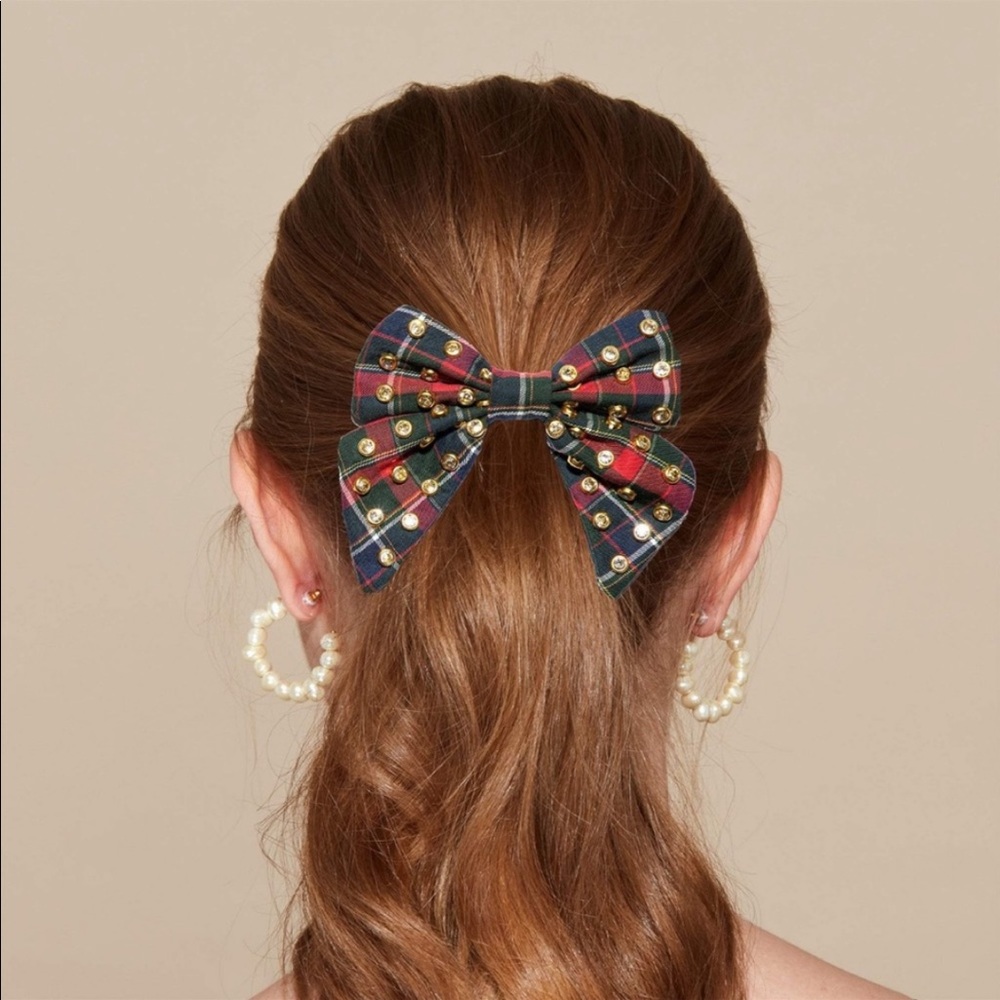 Lele Sadoughi Plaid Crystal Petite Hair Bow Barrette - Holiday Accessories